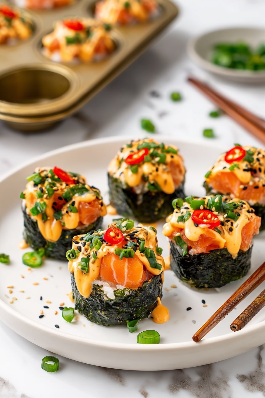 The image shows a piece of food held by brown chopsticks above a white plate, set on a white marbled surface. The food has three visible layers: the bottom layer is a dark green, crispy seaweed square; the middle layer is a light orange tofu or salmon piece with a soft texture; and the top layer is a bright orange sauce drizzled over the tofu, sprinkled with small white sesame seeds and chopped green onions. In the blurred background, several similar pieces are arranged on the white plate. Photo taken with an iphone --ar 2:3 --v 7 - Easy Baked Salmon Sushi Cups, baked salmon sushi cups recipe, salmon sushi cups appetizer, homemade sushi cups with salmon, quick sushi cups for parties