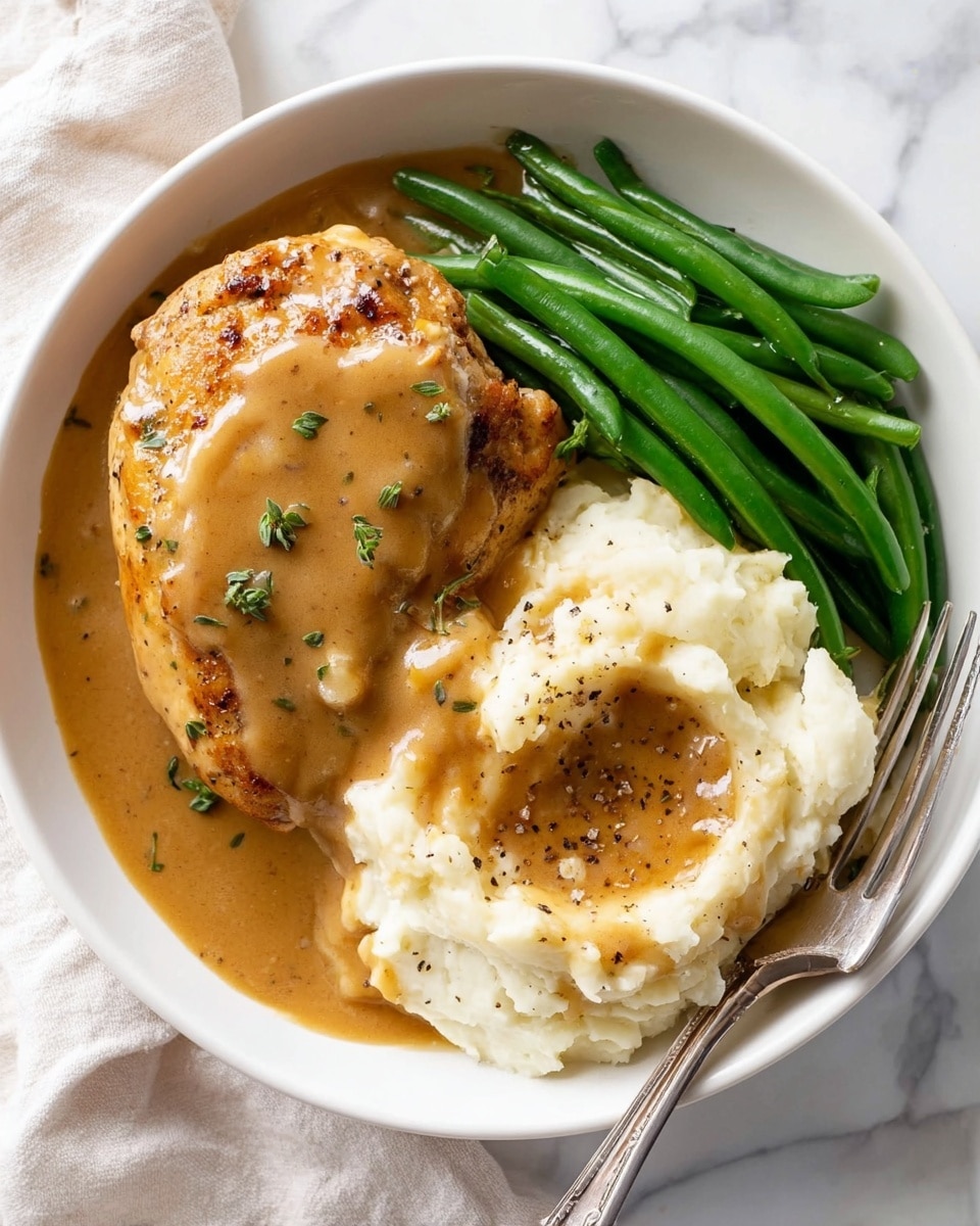A large round white pan filled with five pieces of browned chicken, each covered in a thick, light brown creamy sauce with visible black pepper and small fresh green herb bits sprinkled on top. Whole garlic cloves are scattered in the sauce, which is smooth and coats the chicken evenly. A silver spoon rests in the pan, partially submerged in the sauce near one chicken piece. The pan sits on a white marbled surface with a cream cloth nearby and whole garlic bulbs on the side. Photo taken with an iphone --ar 4:5 --v 7