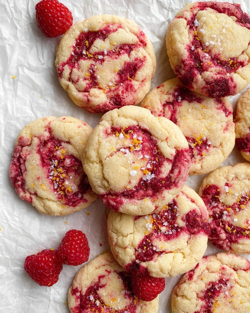 The image shows a stack of round cookies on a white parchment-lined baking tray. Each cookie has two layers of texture: a soft, pale beige base with uneven red swirls swirled throughout, giving a marbled look. The red areas look moist and slightly sticky while the beige parts appear dry and crumbly. On the top of the cookies, there are small flakes of white salt and tiny bits of yellow zest, adding a rough texture. Around the cookies on the parchment, several bright red fresh raspberries are scattered, contrasting with the cookies' light colors. The photo is taken with an iphone --ar 4:5 --v 7