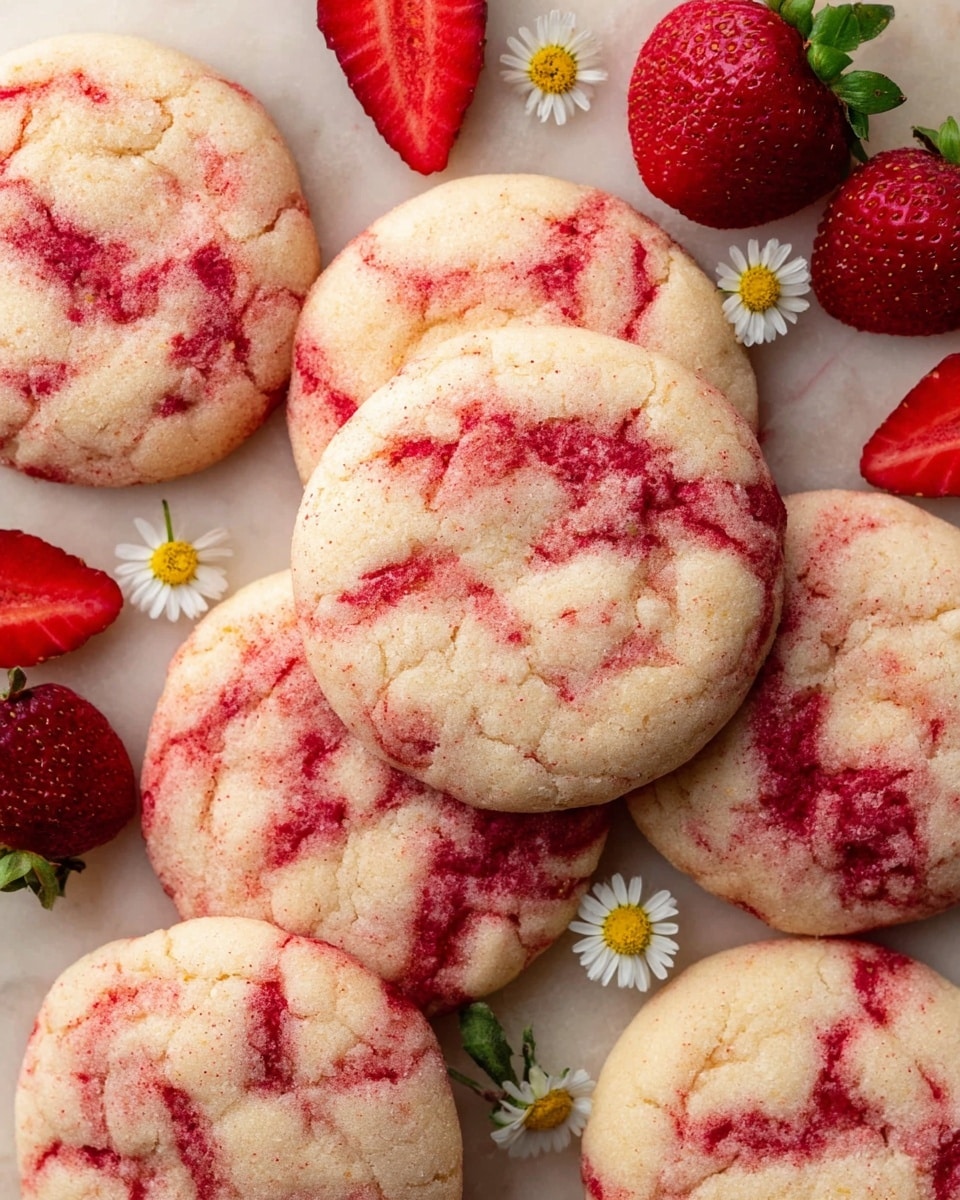 The image shows several soft, round cookies with a pale, creamy base color and red streaks swirled throughout, giving a marbled effect. The cookies are placed closely together on a white marbled surface with some fresh whole and halved strawberries beside them, adding bright red and green tones. Small white and yellow daisy-like flowers are also scattered around, adding a delicate touch. The texture on the cookies looks soft and slightly powdered. Photo taken with an iphone --ar 4:5 --v 7