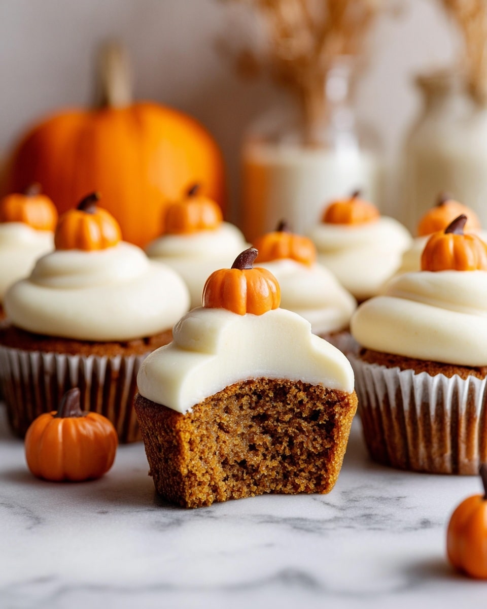 A group of cupcakes is arranged on a white marbled surface with one cupcake cut in half at the center front. Each cupcake has two layers: a moist brown cake base and a thick swirl of smooth, creamy white frosting on top. Small, bright orange pumpkin-shaped decorations with tiny brown stems sit atop the frosting of each cupcake. In the background, an out-of-focus pumpkin and glass containers add to the warm setting. The photo has a soft, natural light that highlights the texture of the cake and frosting, photo taken with an iphone --ar 4:5 --v 7