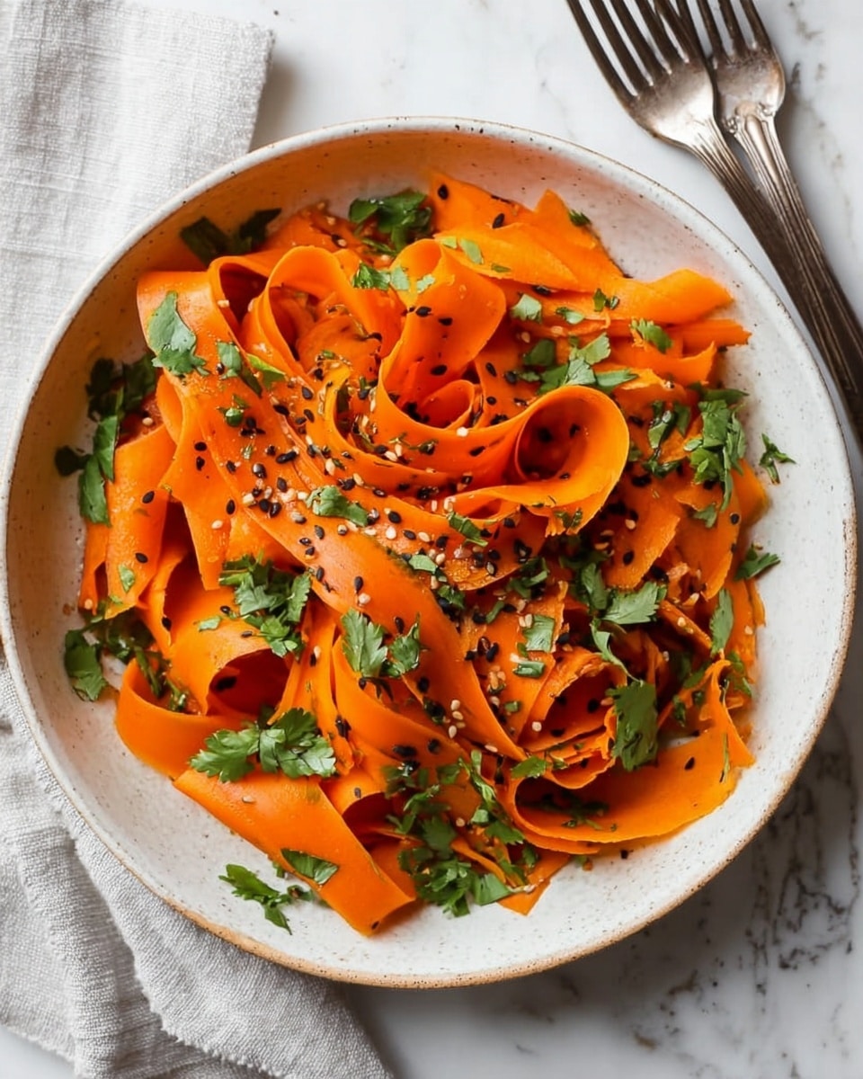 A large white plate filled with wide, curled, bright orange carrot ribbons layered on top of each other. Scattered green fresh herbs are placed among the carrot ribbons, along with small sprinkles of light brown seeds. A gold fork is placed on the right side, resting on the carrot ribbons. In the back, there is a clear jar with a light yellow sauce and two small white bowls with light brown spices. All the items rest on a white marbled surface. photo taken with an iphone --ar 4:5 --v 7
