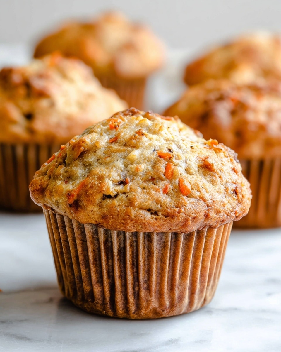 The image shows several muffins on a white marbled surface, with one muffin broken open in the front to show its inside. The muffins have a golden brown color with rough, textured tops that look slightly crunchy. Inside the broken muffin, you can see a soft, moist texture with specks of orange carrot and small dark bits spread throughout the light beige dough. The muffins are placed close together with crinkled white paper liners around each one. Photo taken with an iphone --ar 4:5 --v 7