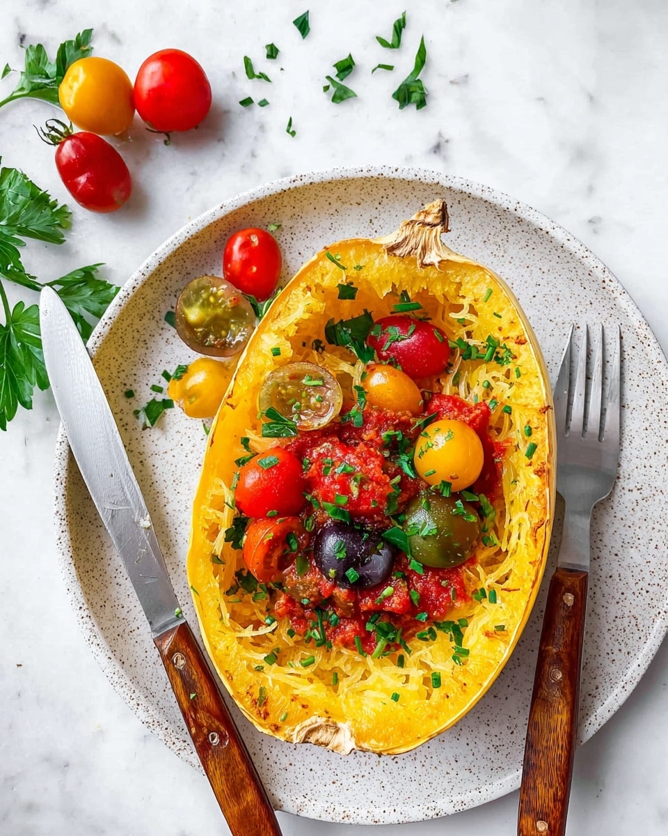 A cooked yellow spaghetti squash half sits in the center of a white speckled plate on a white marbled surface; the squash's stringy texture is visible with some light browning on the edges. On top, there is a colorful mix of halved cherry tomatoes in red, yellow, and dark purple, along with a red sauce mixed in. Sprinkled green herbs, likely parsley, and finely chopped chives add green accents across the dish. To the side on the plate, there are whole cherry tomatoes and some fresh parsley sprigs. A fork and a knife with wooden handles rest on either side of the plate. photo taken with an iphone --ar 4:5 --v 7