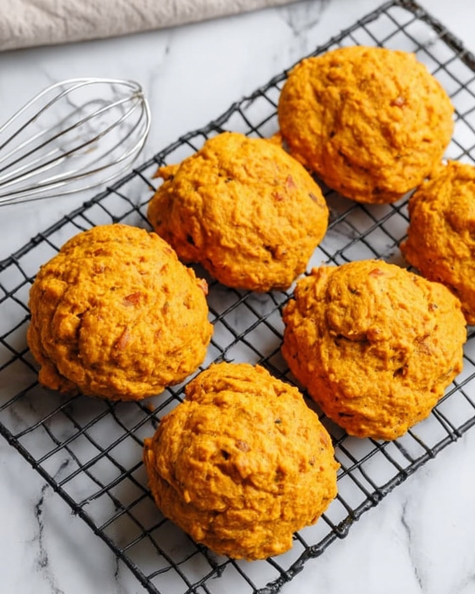 Six golden orange biscuits are placed on a black cooling rack, showing their rough, slightly crumbly texture on top. The biscuits have a round, slightly uneven shape and are spaced evenly in two rows on the rack. To the left of the rack, there is a clear glass of water and a silver whisk partially visible on a crumpled white cloth. The surface beneath the cooling rack is a white marbled texture, adding a clean and bright background to the warm tones of the biscuits. Photo taken with an iphone --ar 4:5 --v 7