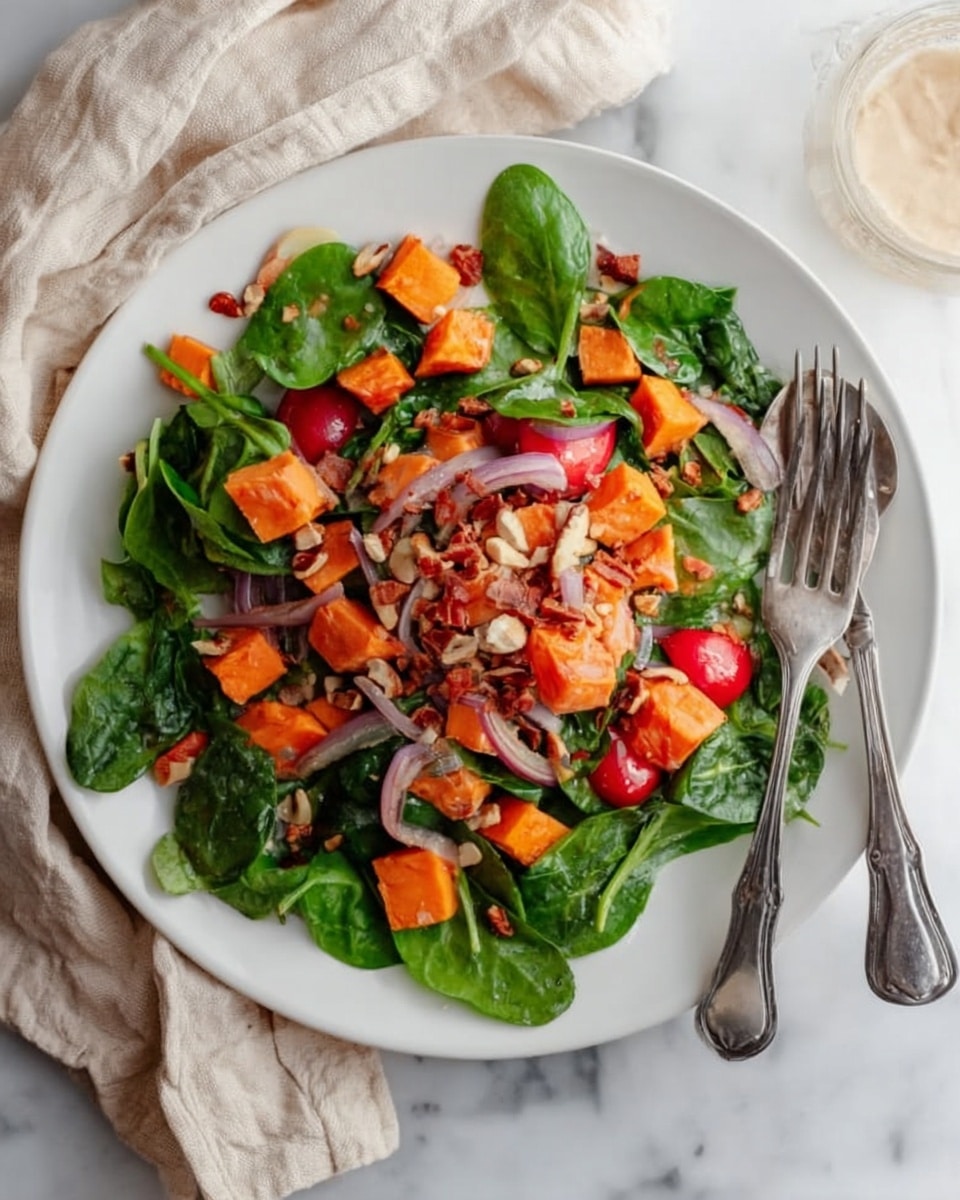 The image shows a white bowl filled with a colorful salad placed on a white marbled surface. The salad consists of a base layer of fresh, dark green spinach leaves, topped with bright red cherry tomato halves scattered evenly across. On top of the spinach and tomatoes are chunks of roasted orange sweet potatoes that add a warm, slightly textured look. Thin slices of light purple-red onions are sprinkled around, adding a soft contrast. Small pieces of walnut are scattered over the whole dish for added texture. A woman's hand is holding a silver fork resting inside the bowl. Photo taken with an iphone --ar 4:5 --v 7