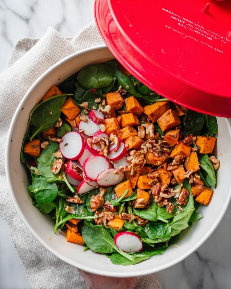 The image shows a white bowl filled with a fresh spinach salad. The salad has three main layers: bright orange roasted sweet potato cubes, dark green fresh spinach leaves, and sliced red radishes with pale centers and thin red edges. There are also small pieces of chopped walnuts scattered evenly on top. A red lid covers part of the bowl, and the bowl sits on a white marbled surface with a light-colored cloth nearby. A woman's hand is slightly visible holding the red lid. Photo taken with an iphone --ar 4:5 --v 7