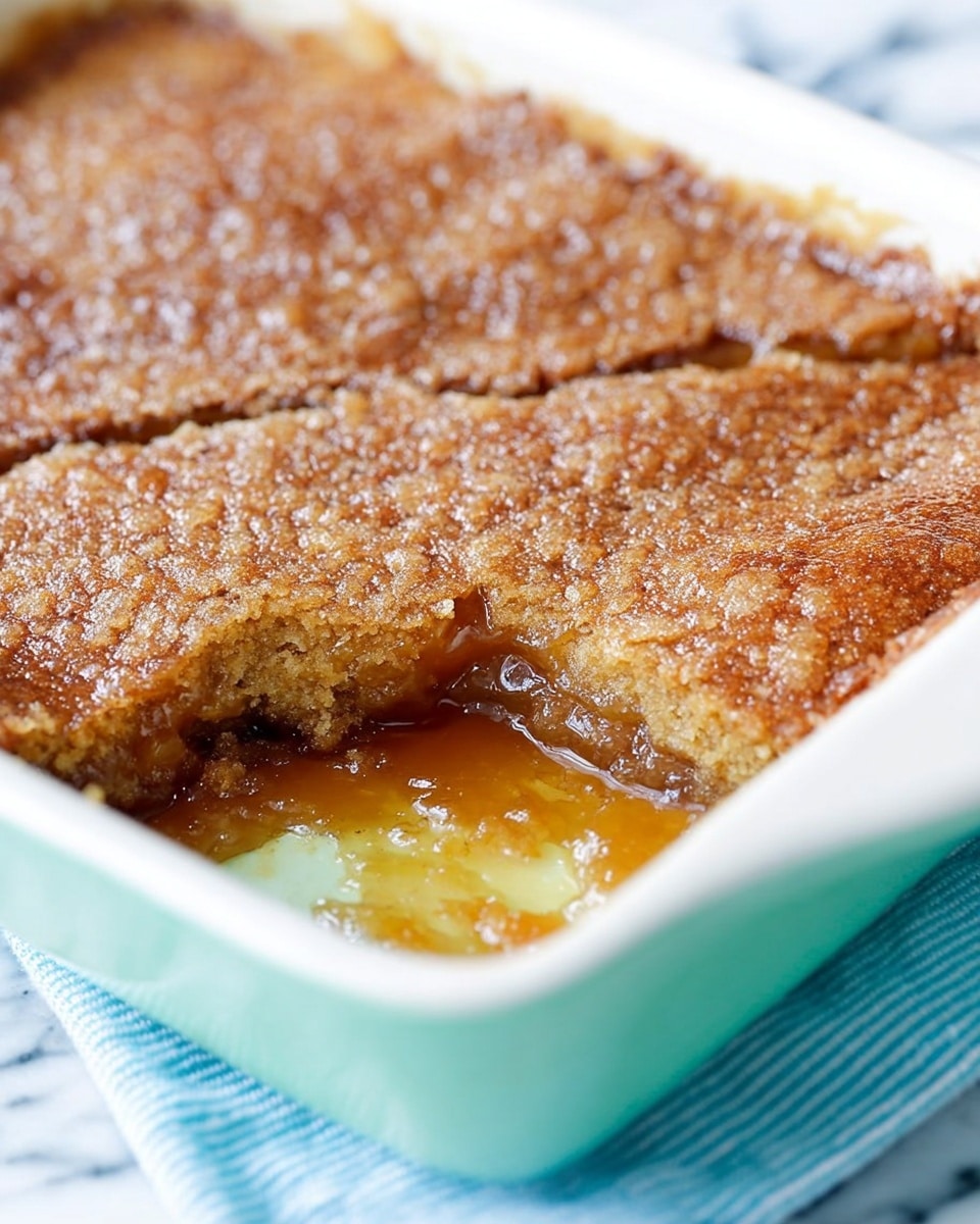 This image shows a close-up of a dessert with a golden brown, textured crust on top that looks slightly crumbly and cracked, revealing a shiny, sticky, light amber filling beneath it. The dessert is in a white rectangular baking dish with a smooth surface, and part of it is missing, showing the layers clearly. The background is a white marbled texture with a soft blue striped cloth partially visible at the bottom. Photo taken with an iphone --ar 4:5 --v 7