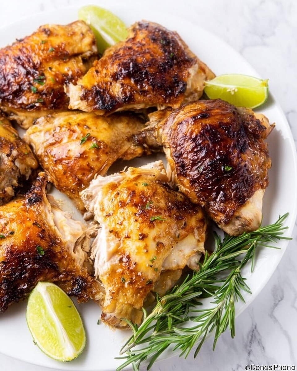 A white plate holds several pieces of roasted chicken with golden brown, crispy skin, showing a mix of light and darker brown areas from cooking. The chicken pieces are arranged closely together, some showing white meat inside. Around the chicken, there are small wedges of lime adding a light green color contrast. A sprig of fresh rosemary with dark green needle-like leaves lies beside the chicken, adding a touch of freshness. The plate sits on a white marbled surface, enhancing the clean and bright look of the dish. photo taken with an iphone --ar 4:5 --v 7