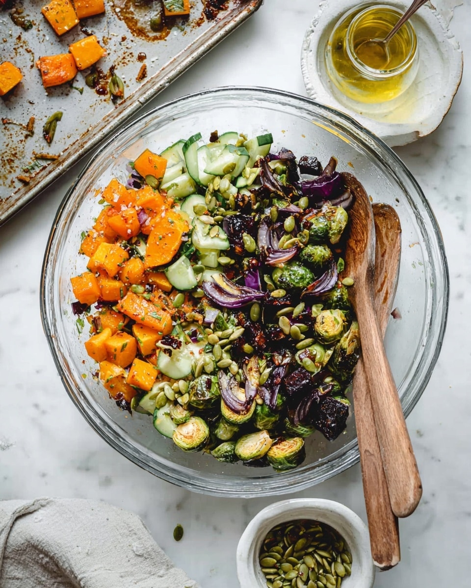 The image shows a white bowl filled with a colorful quinoa salad. The bottom layer is small black and white quinoa grains. On top are bright orange chunks of roasted sweet potato, green halved Brussels sprouts, and small cubes of pale green cucumber. There are slices of purple onion adding contrast, and some scattered green pumpkin seeds on top. Two vintage silver forks rest inside the bowl on the right side, and the bowl sits on a white marbled surface with a beige cloth nearby. Photo taken with an iphone --ar 4:5 --v 7