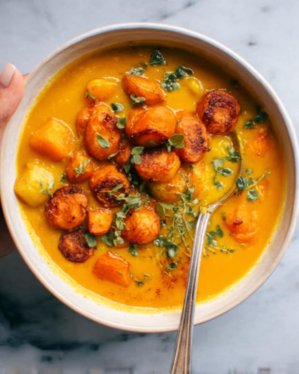 A white bowl filled with a creamy orange soup topped with pieces of roasted potatoes that have a golden-brown color and crisp texture. Small green herb leaves are scattered on top, and a silver spoon rests inside the bowl with a woman's hand holding it. The background is a white marbled surface. photo taken with an iphone --ar 4:5 --v 7