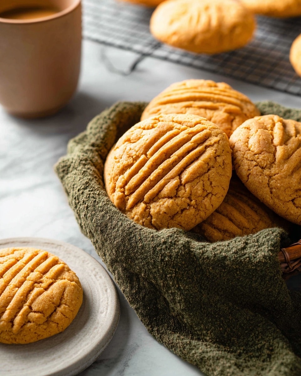 There are several round, golden brown cookies with a slightly cracked texture and curved line patterns on top. Four cookies are stacked closely in a basket lined with a textured olive green cloth, and one cookie is placed on a white plate next to the basket. In the background, two more cookies rest on a cooling wire rack, and there is a light brown cup to the left on a white marbled surface. The lighting is soft and natural, highlighting the warm tones and textures of the cookies. photo taken with an iphone --ar 4:5 --v 7