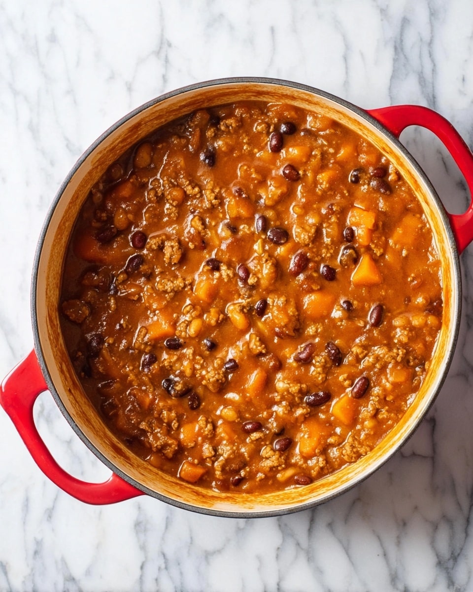 The image shows a large red pot filled with thick stew resting on a white marbled surface. The stew has a rich brownish-orange color with visible chunks of orange vegetables, black and white beans, and small pieces of browned meat mixed evenly throughout. The texture looks hearty and chunky, with a smooth sauce binding all ingredients together inside the pot. The inside walls of the pot have some sauce stains showing the stew has been cooked and stirred well. photo taken with an iphone --ar 4:5 --v 7