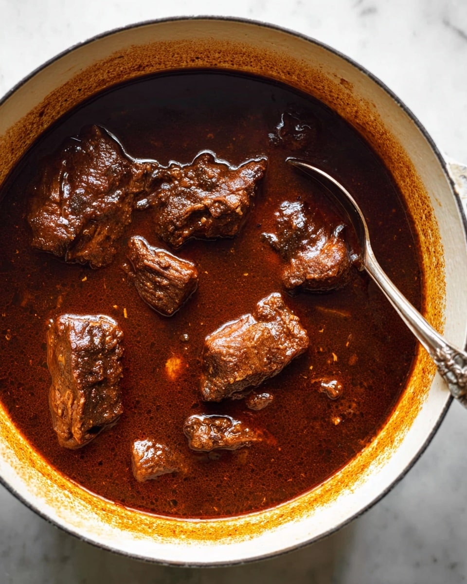 A large white pot filled with a dark brown sauce containing several pieces of tender meat, partially submerged and coated in the thick, shiny sauce. The inside edge of the pot shows a golden-brown ring from cooking, and a silver spoon rests on the right side inside the pot. The background is a white marbled surface. photo taken with an iphone --ar 4:5 --v 7