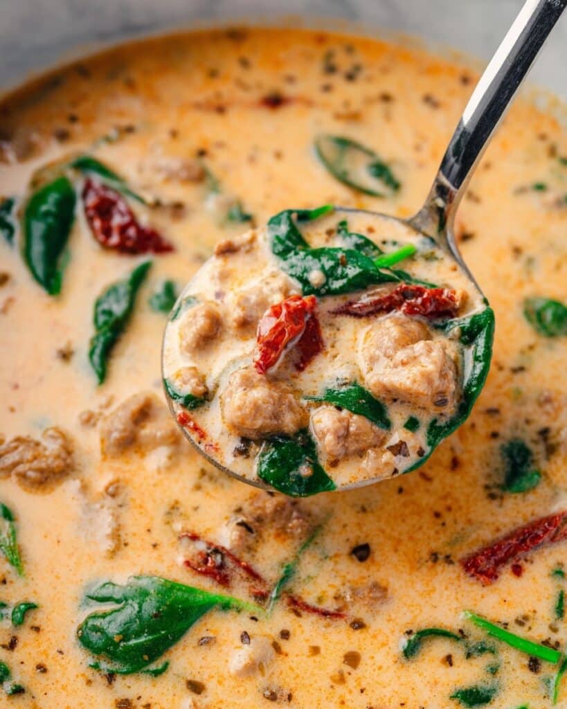 Tuscan Sun-Dried Tomato and Sausage Soup with Spinach and Cream Recipe