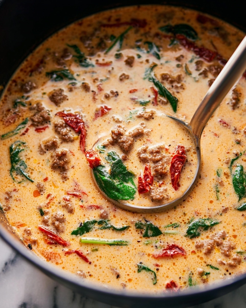 Tuscan Sun-Dried Tomato and Sausage Soup with Spinach and Cream Recipe - Recipe Image