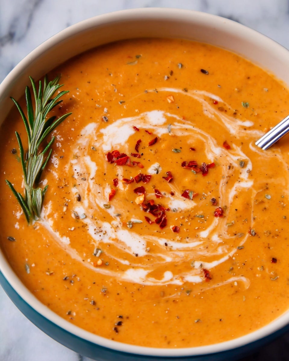 A close-up view of an orange creamy soup served in a white bowl with a smooth texture and some small visible specks of herbs and spices. There is a swirl of white cream on the surface, forming a circular pattern around the center. Red chili flakes are sprinkled on top, adding texture and contrast. A sprig of green rosemary lies on one side of the soup. A spoon is partially dipped in the soup on the right side. The background is a white marbled texture. photo taken with an iphone --ar 4:5 --v 7
