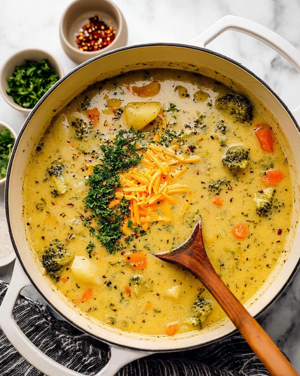 A white pot filled with creamy soup that has visible pieces of broccoli, carrots, celery, and potatoes in it. The soup is thick and yellowish with specks of herbs throughout. A wooden ladle is dipping into the soup on the right side of the pot. On top, there is a layer of shredded orange cheese and green chopped parsley sprinkled in the center. The pot sits on a white marbled surface with a black and white striped cloth underneath it, and in the background, there are small white and brown bowls with green herbs and red chili flakes. Photo taken with an iphone --ar 4:5 --v 7