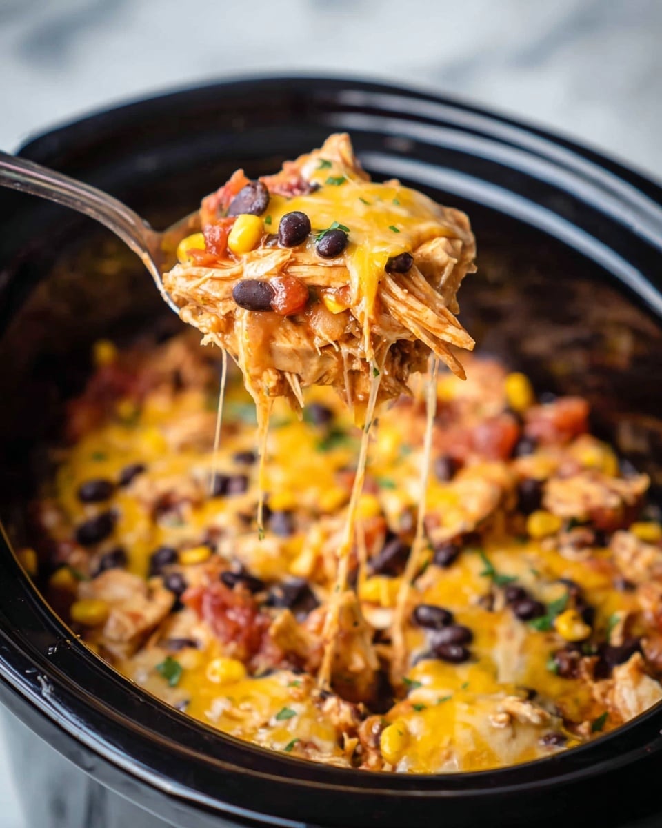 This image shows a close-up of a black slow cooker filled with a layered dish. The bottom layer contains shredded chicken mixed with a reddish sauce, diced tomatoes, and some green herbs. On top, there is a layer of melted yellow cheese, with black beans and yellow corn scattered across. A silver spoon lifts a portion of the dish, stretching melted cheese strings. The colors are warm, with yellow, black, red, and green contrasting against the dark cooker, all set against a white marbled background. The scene feels cozy and appetizing, focusing on the melted cheese texture and mixed ingredients photo taken with an iphone --ar 4:5 --v 7