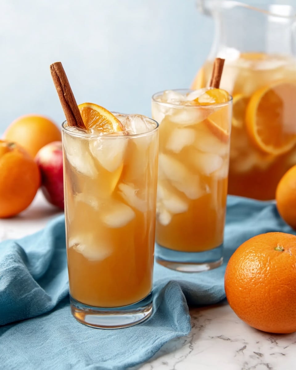 The image shows a clear glass filled with a light brown iced drink, topped with a layer of ice cubes. On top, there is a round slice of orange floating and a cinnamon stick sticking out near the edge of the glass. The drink has a slightly cloudy texture mixed with clear ice, giving a refreshing and cold look. In the background, there are two more glasses with a similar drink. The glasses rest on a light blue soft cloth, placed on a white marbled surface. The overall color tone is soft and warm, with a clean and fresh presentation. photo taken with an iphone --ar 4:5 --v 7