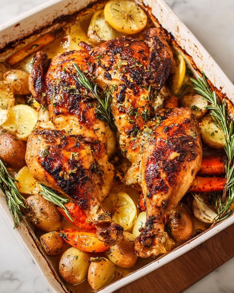 The image shows a large baked chicken split into two halves, placed in a white rectangular baking dish. The chicken skin is golden brown with charred spots and sprinkled with herbs and spices. Under and around the chicken, there are layers of roasted vegetables including small round potatoes, carrot slices, and halved lemons with a slightly browned texture. Sprigs of fresh rosemary are placed on top and among the vegetables, adding green contrast. The dish is set on a white marbled surface with warm natural light, emphasizing the crispy texture of the chicken skin and the caramelized vegetables. Photo taken with an iphone --ar 4:5 --v 7
