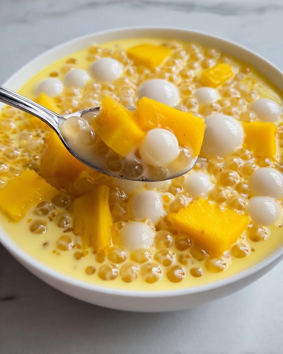 A white bowl filled with a creamy yellow liquid containing many small clear round tapioca pearls, white round mochi balls, and bright yellow mango cubes. A spoon is scooping some of the mix, showing a mound of tapioca pearls and a mango cube. The background is a white marbled texture. photo taken with an iphone --ar 4:5 --v 7