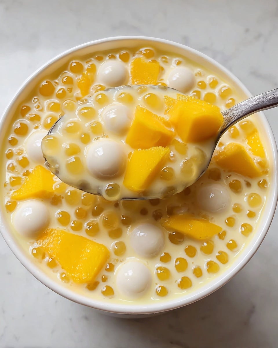 A white bowl filled with a creamy, light yellow base that looks smooth and milky. Floating on top are small, round, translucent brown tapioca pearls, white soft mochi balls, and bright yellow mango cubes, all evenly spread across the surface. The bowl is set on a white marbled surface, giving a clean and simple look. Photo taken with an iphone --ar 4:5 --v 7