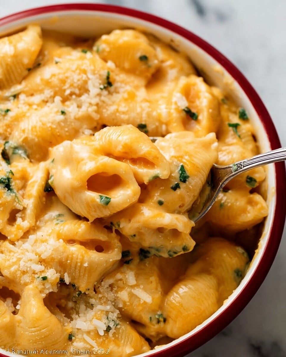 The image shows a close-up of a creamy pasta dish in a white bowl with a red rim. The pasta shells are covered in a smooth, thick cheese sauce that is light orange-yellow in color, mixed with bits of herbs giving little green spots throughout. Some grains of white rice are seen on top, adding texture contrast. A silver spoon scoops up a portion, highlighting the gooey layers of melted cheese and pasta shells. The background is a white marbled texture. photo taken with an iphone --ar 4:5 --v 7