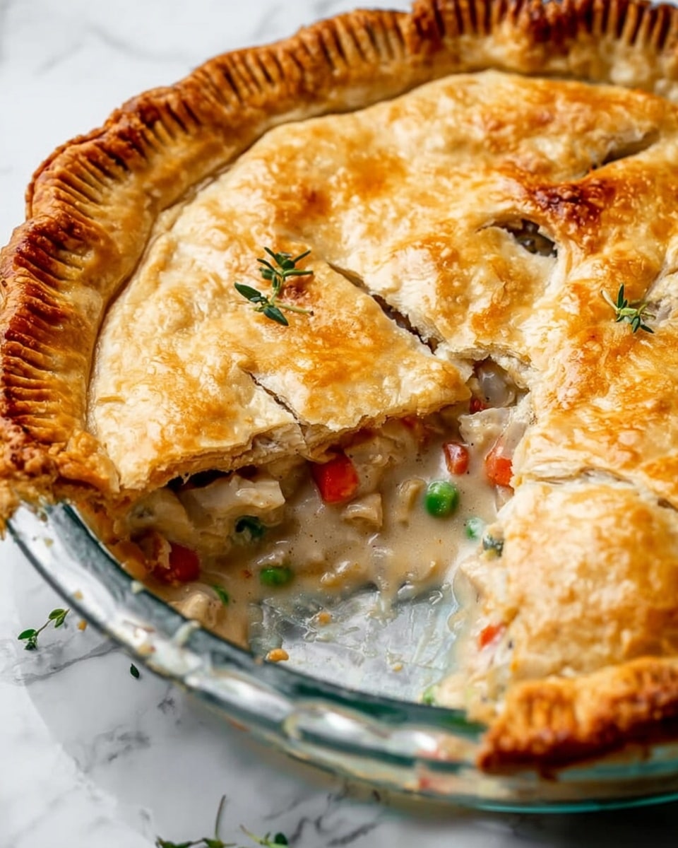 A golden-brown pie with a crimped edge sits on a clear glass pie dish on a white marbled surface; the pie's top layer is slightly cracked, showing a mix of dark and light filling inside. A slice has been taken out and placed on a white plate below the dish, where a rustic knife with a wooden handle rests partially on the plate and surface. Small green herb sprigs are scattered on and around the pie, with a small wooden bowl filled with herbs near the top left. A green cloth napkin is partially visible near the bottom right corner. Photo taken with an iphone --ar 4:5 --v 7