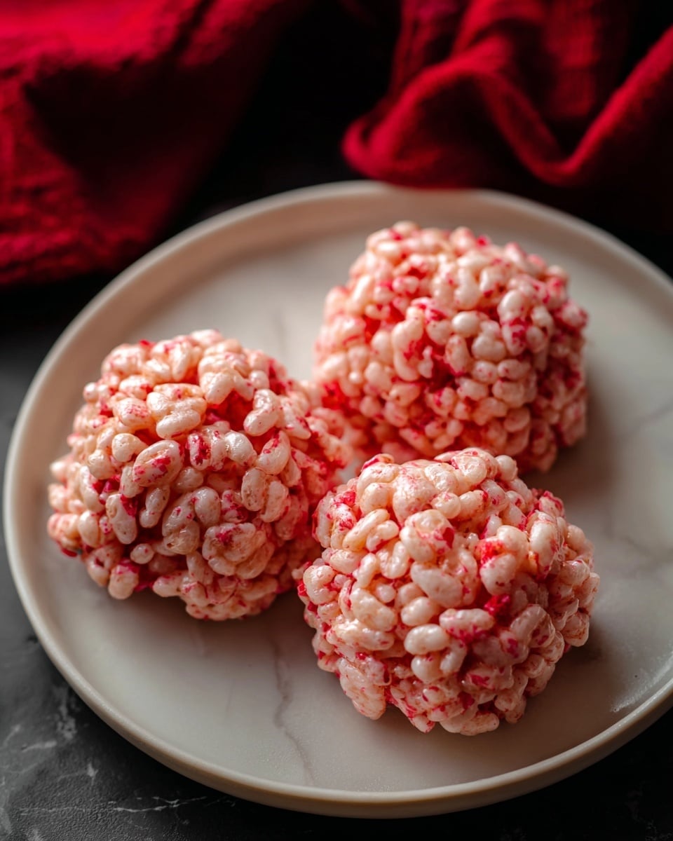 Four pink and white puffed rice balls with small red bits mixed in are arranged on a round white plate. The balls have a rough, bumpy texture with a glossy surface, showing the sticky binding that holds the puffed rice together. The plate sits on a white marbled surface with a red cloth partially visible in the background. Photo taken with an iphone --ar 4:5 --v 7
