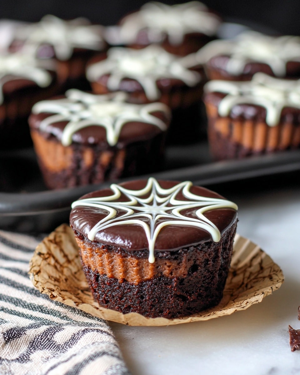 A close-up of a chocolate cheesecake cupcake with a dark brown crumbly base layer at the bottom, a thick middle layer of light brown creamy cheesecake, and a top glossy chocolate layer decorated with white icing swirled in a pattern of lines radiating from the center to the edges. The cupcake is partially eaten, showing the layered inside, placed on crumpled brown paper on top of a striped cloth, with more cupcakes in the blurry background on a black surface, all on a white marbled texture. Photo taken with an iphone --ar 4:5 --v 7