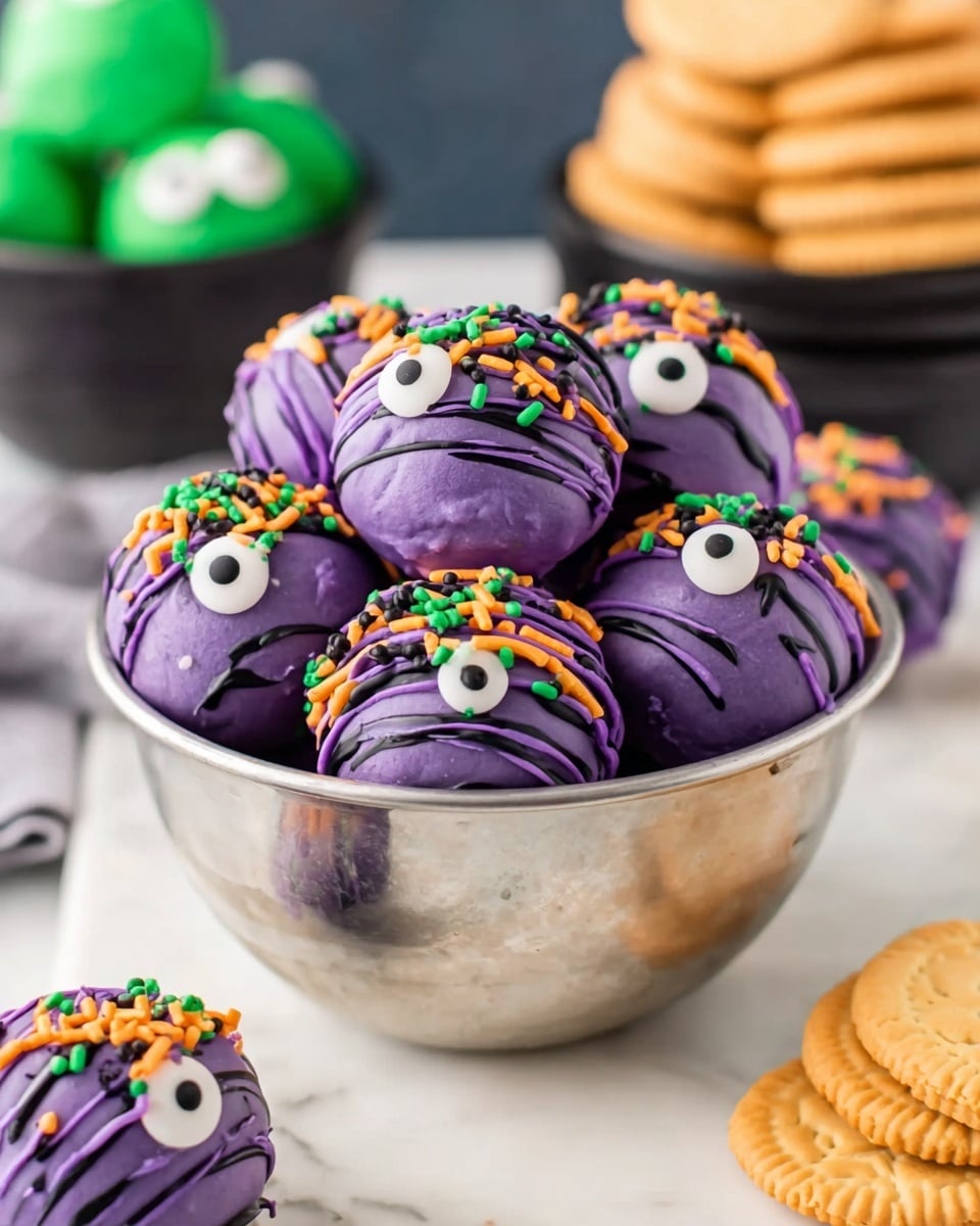 A close-up view of a purple round treat with thick purple frosting wrapped around a crumbly light brown center. The frosting is smooth and swirled, topped with small cylindrical sprinkles in black, green, and orange colors, along with candy eyes made of white and black. Several similar treats are stacked below on a white marbled surface. One treat is held by a woman's hand, showing the bite taken from it, revealing the detailed texture inside. The background is plain and light, focusing on the vibrant colors and textures of the treats. photo taken with an iphone --ar 4:5 --v 7
