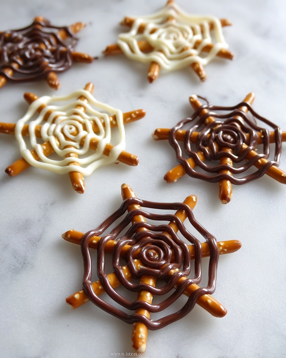 A clear glass dessert cup filled with several spider web shapes made from pretzel sticks and chocolate. Each spider web has a base layer of thin pretzel sticks forming a circular web frame with radiating lines. Over these, dark brown chocolate or white chocolate is piped in concentric circles and web-like patterns following the pretzel structure, creating layers of texture and color. The pretzel spokes stick out from the chocolate, giving the webs a 3D look. The background is a white marbled surface with small black plastic spiders scattered around the base of the cup. Photo taken with an iphone --ar 4:5 --v 7