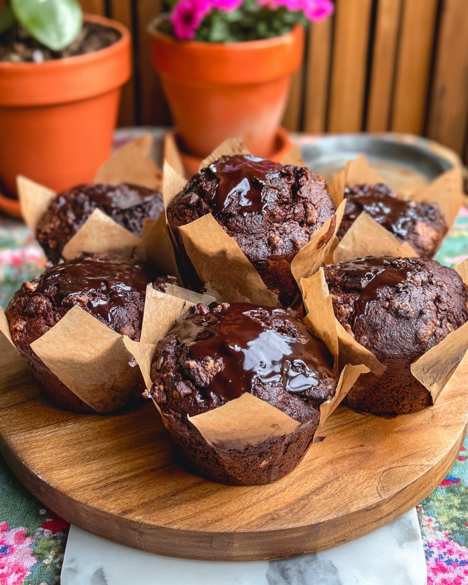 The image shows six dark brown chocolate muffins with shiny, melted chocolate on top, each wrapped in light brown paper liners that open out around the sides. The muffins have a rough, cracked texture on their tops, with some melted chocolate pooling in the center. They are arranged closely together on a round wooden stand with a smooth finish, which sits on a white marbled surface with a colorful floral cloth underneath. In the background, there are orange pots with green plants and pink flowers, and wooden panels that are slightly out of focus. photo taken with an iphone --ar 4:5 --v 7