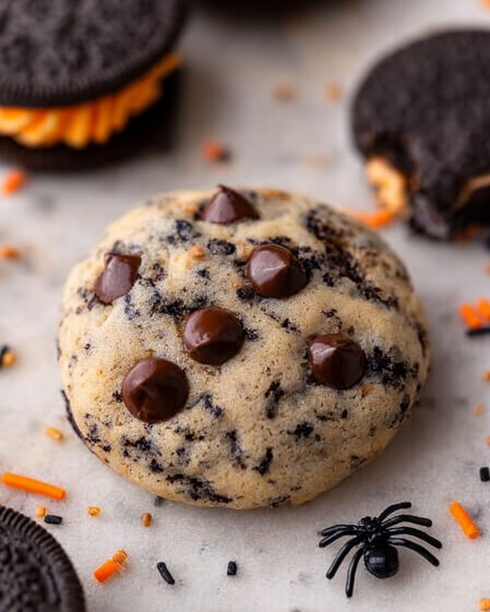 The image shows a close-up of a cookie held above a white bowl filled with small black and orange round sprinkles. The cookie has three clear layers: a dark brown chocolate layer at the bottom, a bright orange cream layer in the middle, and a light beige cookie dough layer with visible dark chocolate chips on top. The top cookie dough layer has a soft, slightly rough texture with chocolate chips embedded, one chip standing upright. The whole scene is set on a white marbled surface. Photo taken with an iphone --ar 4:5 --v 7