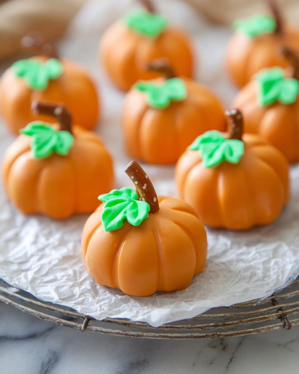 The image shows small pumpkin-shaped treats arranged on crumpled white parchment paper over a round metal cooling rack. Each treat has a dark, crumbly textured inside, visible in the one that is cut in half at the front. The outside layer is smooth and shiny orange icing shaped like a pumpkin with soft ridges. On top of each pumpkin is a small brown stem and a bright green leaf made from icing, adding a pop of color. The background has a soft white marbled texture, creating a clean and simple setting. photo taken with an iphone --ar 4:5 --v 7