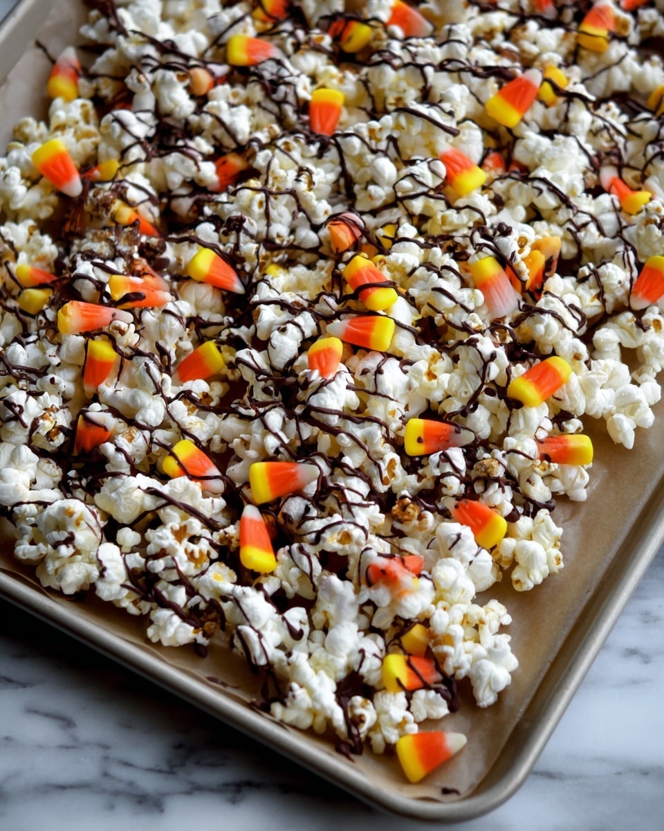 A large tray full of white popcorn scattered all over, topped with several candy corn pieces that are yellow, orange, and white. Drizzled dark brown chocolate lines cover the popcorn, adding a textured look throughout. The tray is lined with light parchment paper and placed on a white marbled surface. Photo taken with an iphone --ar 4:5 --v 7