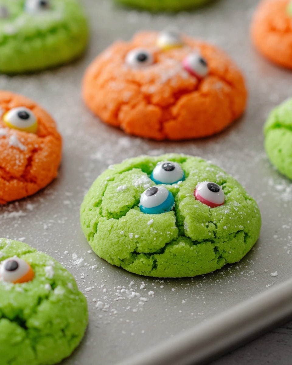 The image shows colorful round cookies with a cracked texture on a baking sheet with a light grey surface. Each cookie has several candy eyeballs embedded on top. The front cookie is bright green with five candy eyeballs of different sizes scattered across it. Behind it, there is an orange cookie with similar candy eyeballs, and more cookies are partially visible around the edges. The cookies have a soft, slightly fluffy appearance with white sugar powder sprinkled inside some cracks. The scene is close-up, focusing on the green cookie with the others blurred in the background, all on a white marbled textured surface. Photo taken with an iphone --ar 4:5 --v 7