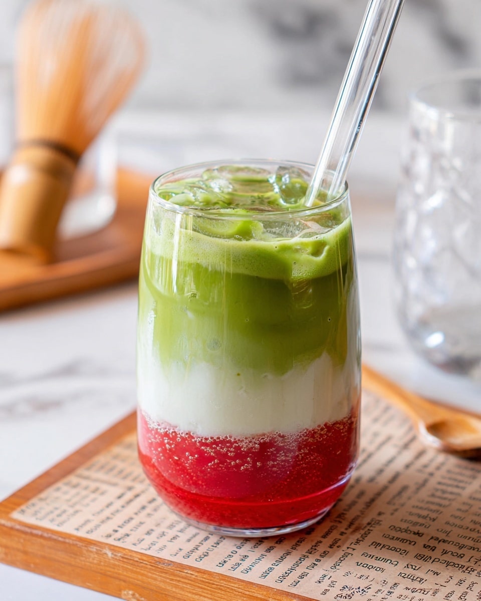 The image shows two clear glass cups placed on a wooden board with bark edges and a newspaper sheet. Each glass has three layers: the bottom layer is bright red with a textured, mashed appearance, the middle layer is smooth and white, filling most of the glass, and the top layer is a vibrant green liquid, some of which is being poured into the right glass. The glasses are set on a white marbled surface, with a light blue vase with brown dried plants to the left and a wooden tray on the right side in the background. Photo taken with an iphone --ar 4:5 --v 7