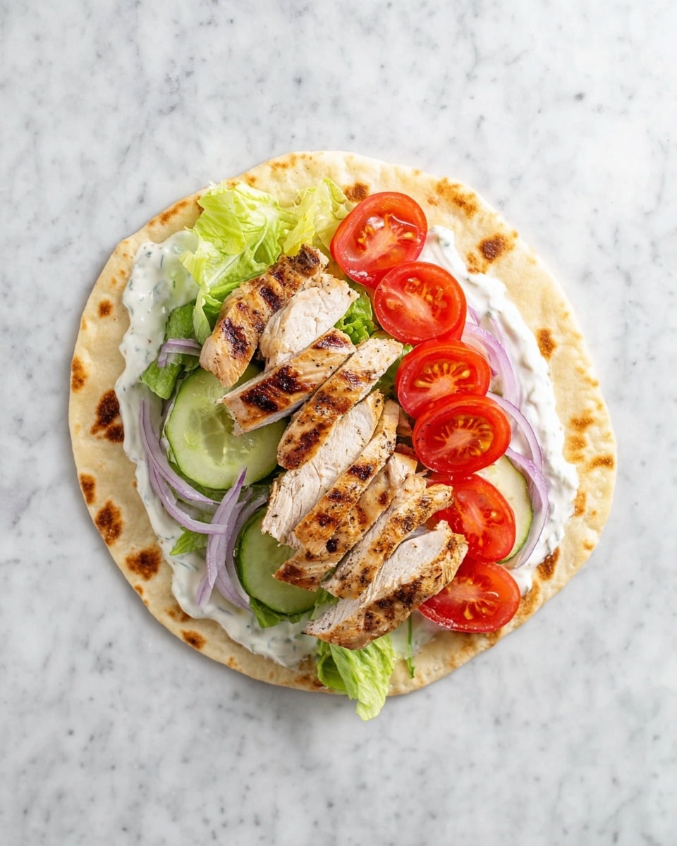 This image shows an open flatbread wrap with five main layers. The base layer is a golden-brown flatbread with a soft texture and some toasted spots. On top of it is a smooth, white creamy sauce spread evenly. The third layer has fresh green lettuce leaves and thin slices of light green cucumber at the bottom, with rings of purple onion placed on top. Above these vegetables, there are five bright red tomato slices placed in a row on the right half. The top layer features five thick slices of grilled chicken, showing light brown grill marks and a juicy interior, arranged diagonally across the vegetables. The wrap is placed on a white marbled textured surface. photo taken with an iphone --ar 4:5 --v 7