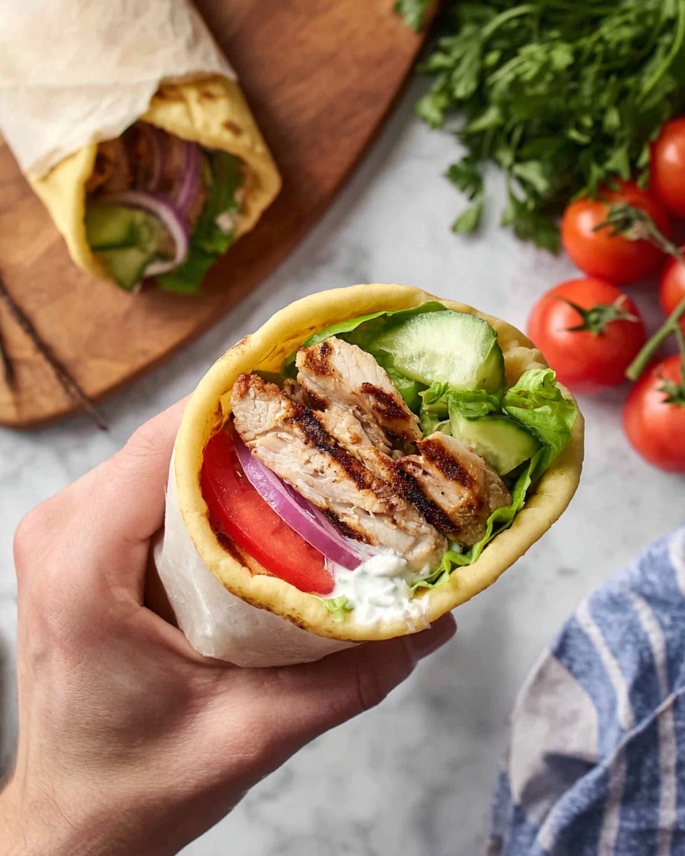 A close-up view shows a woman's hand holding a pita wrap filled with layers. The wrap starts with a soft, light yellow pita bread at the base. Inside, there is a layer of creamy white sauce, topped with bright red tomato slices on the bottom. Above the tomato, there are grilled pieces of chicken with dark browned grill marks. On top of the chicken, there is green leafy lettuce and slices of pale green cucumber, finishing with thin rings of purple-red onion near the opening. In the background, there is another wrapped pita filled similarly on a white marbled surface, along with fresh green herbs, bright red tomatoes still on the vine, and a wooden board partly visible. A blue and white striped cloth is on the side. photo taken with an iphone --ar 4:5 --v 7