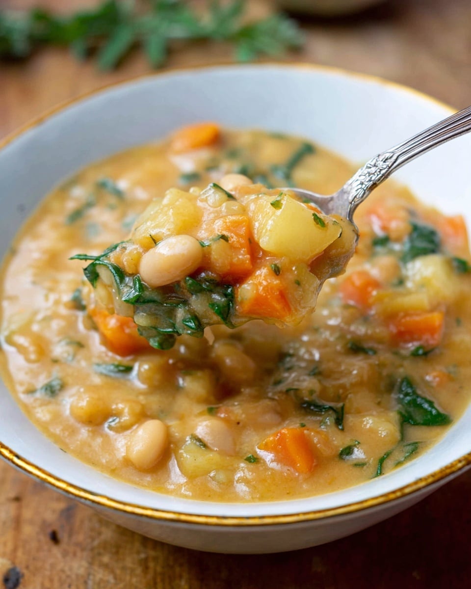 The image shows a thick stew served in a white bowl with a slight gold rim, placed on a wooden surface with some green herbs blurred in the background. The stew has a creamy light brown color with visible chunks of orange carrots, pale potatoes, white beans, and green leafy herbs. A metal spoon is lifting a portion of the stew, showing its chunky and slightly shiny texture with the vegetables and beans clearly seen inside the smooth sauce. Photo taken with an iphone --ar 4:5 --v 7