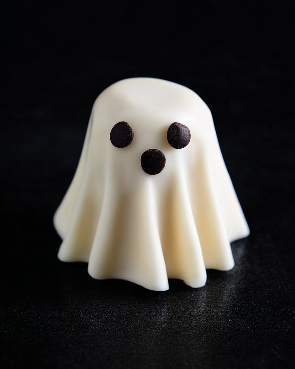 The image shows a small ghost-shaped treat with one layer of smooth white fondant draped like a sheet, forming soft folds and waves at the base. The ghost's face features three round black chocolate chips: two for eyes positioned near the top front and one below as the mouth. The treat sits on a black surface with no visible plate or bowl. Photo taken with an iphone --ar 4:5 --v 7