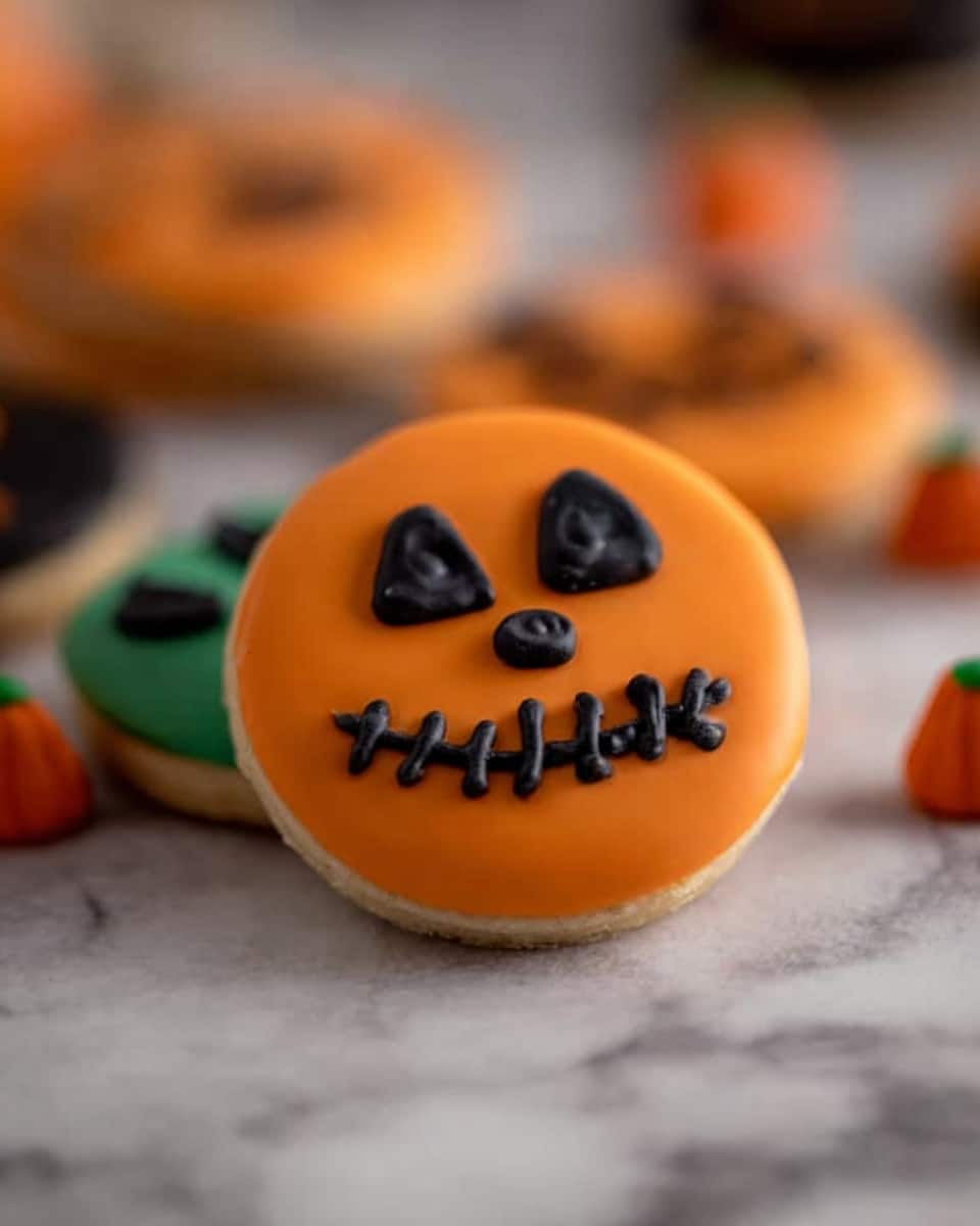 A round cookie stands upright on a white marbled surface, decorated with bright orange icing covering the entire top. The cookie features a black icing design resembling a jack-o'-lantern face with two triangle eyes, a small triangle nose, and a wide stitched smile. In the blurry background, there are more cookies with similar orange and black decoration, small pumpkin-shaped candies, and a small fake black spider adding a spooky Halloween feel. The warm, soft lighting highlights the smooth texture of the orange icing and the glossy finish of the black details. Photo taken with an iphone --ar 4:5 --v 7