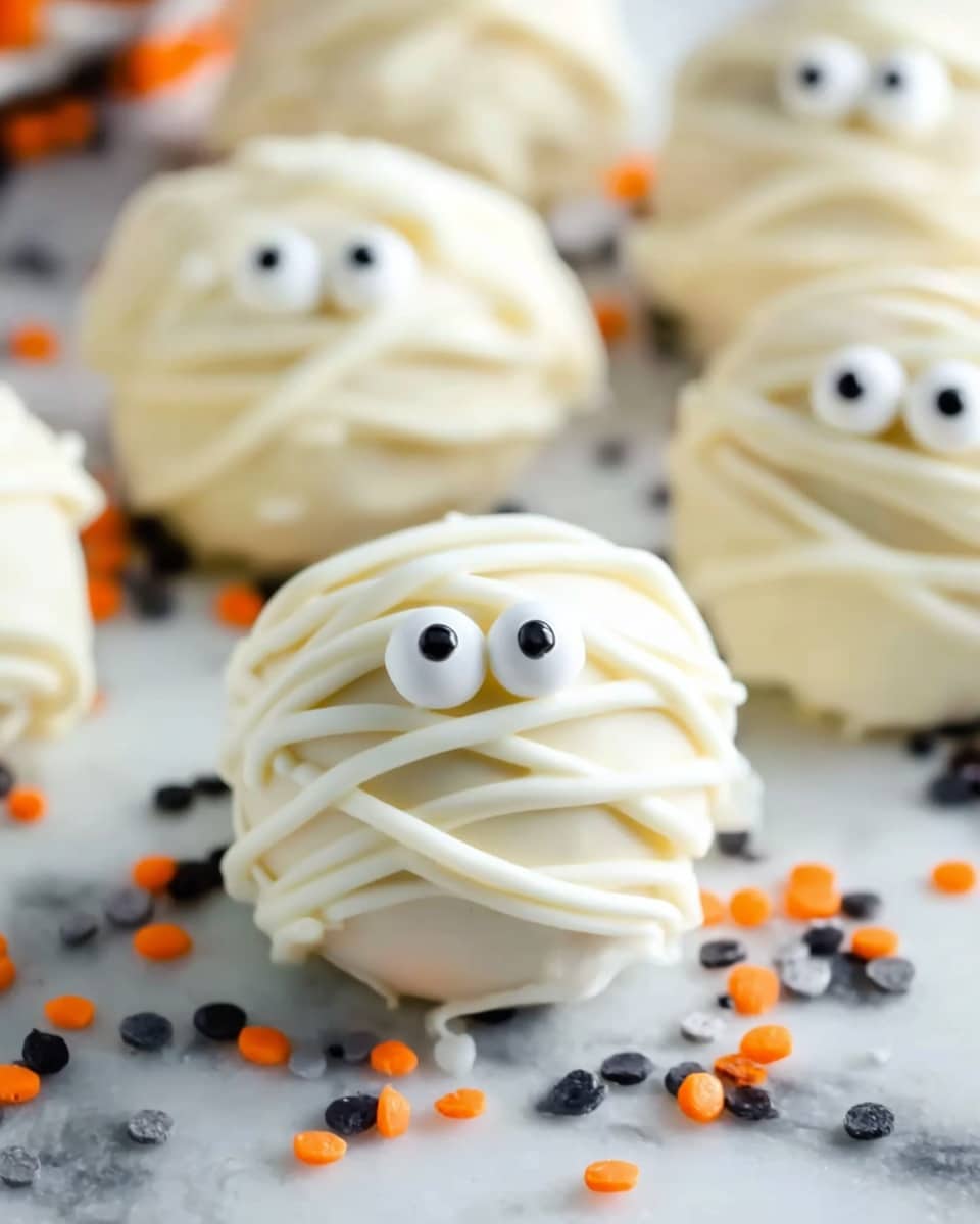 The image shows small round treats covered in smooth white icing, decorated to look like little mummies. Each mummy has two small round white candy eyes with black centers placed near the top. Over the white icing, thin lines of white icing are layered thickly in random, curved stripes to mimic mummy wrappings, creating a textured look. The mummies are sitting on a piece of translucent paper scattered with small round and rod-shaped sprinkles in black, orange, and silver colors. The background surface has a white marbled texture. The photo taken with an iphone --ar 4:5 --v 7