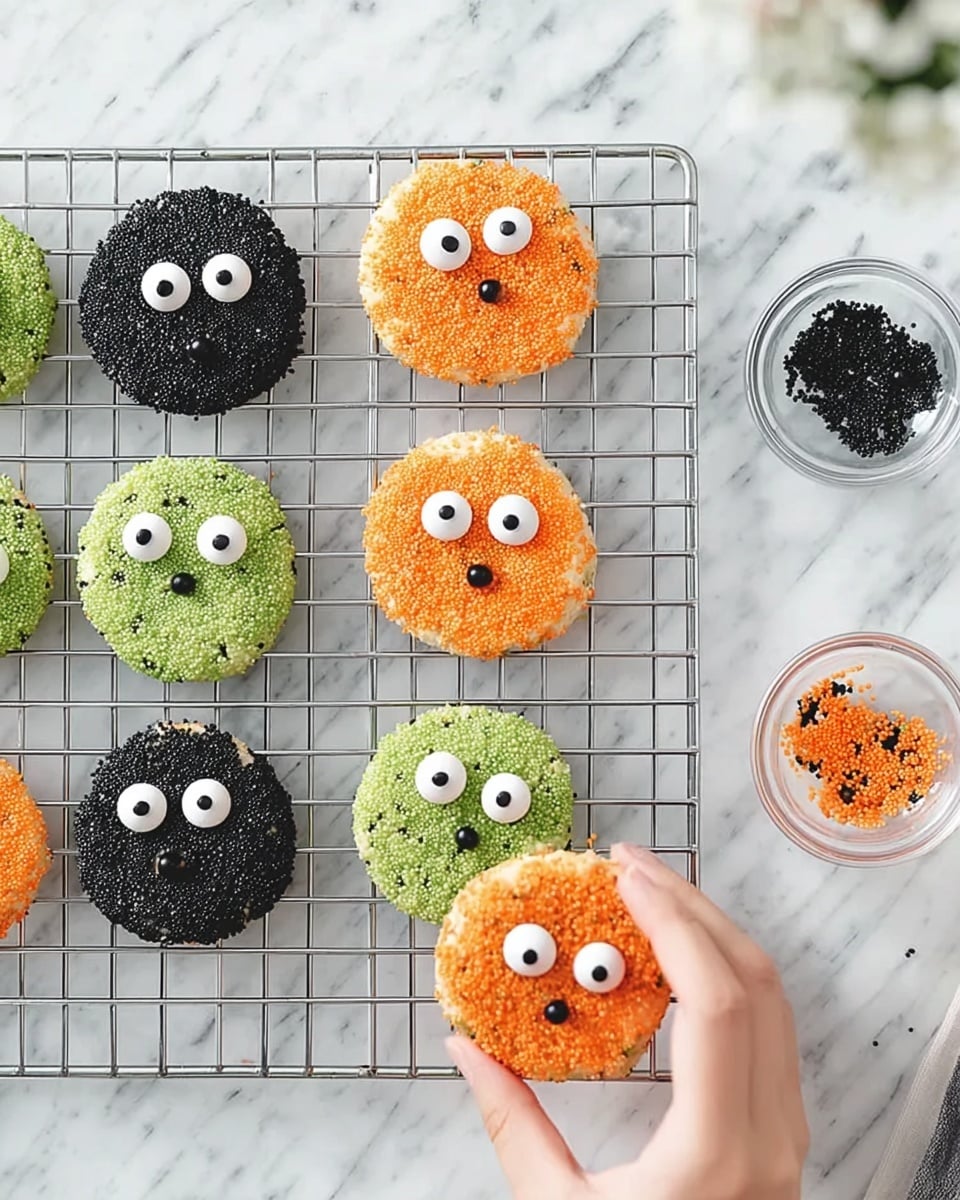 A close-up view of round cookies placed on a silver cooling rack over a white marbled surface, each cookie coated in colored sprinkles in three different colors: black, bright orange, and green. Each cookie has two round white candy eyes with black pupils on top, giving them a playful face-like appearance. A woman's hand is seen on the lower right part of the image, placing one of the candy eyes onto an orange sprinkle cookie. To the right of the rack, two clear small glass bowls hold more candy eyes. The image has a warm and fun vibe, showing a simple decorating process photo taken with an iphone --ar 4:5 --v 7