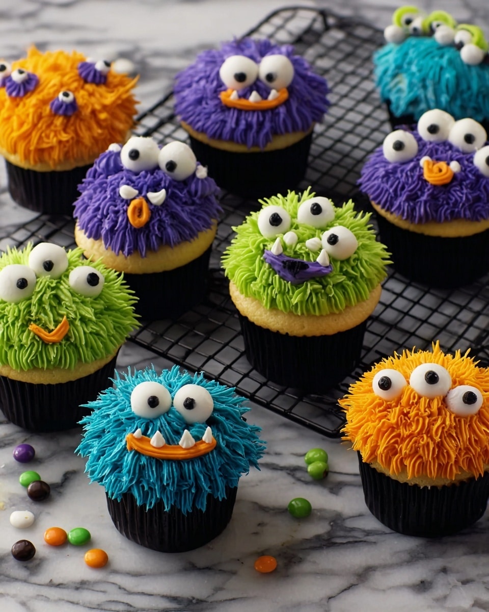 The image shows a group of cupcakes decorated to look like colorful monsters. Each cupcake has one layer of light yellow cake topped with bright, thick swirls of frosting in different colors: green, purple, blue, orange, and yellow. The frosting is piped to create a fuzzy texture, making the monsters look furry or spiky. Each monster has two big white candy eyes with black dots placed on top, and a squiggly mouth made from thin lines of orange or black frosting. The cupcakes are in black paper wrappers and arranged on a black wire rack with a white marbled surface underneath. There are some loose candy eyes on the surface next to the rack. photo taken with an iphone --ar 4:5 --v 7