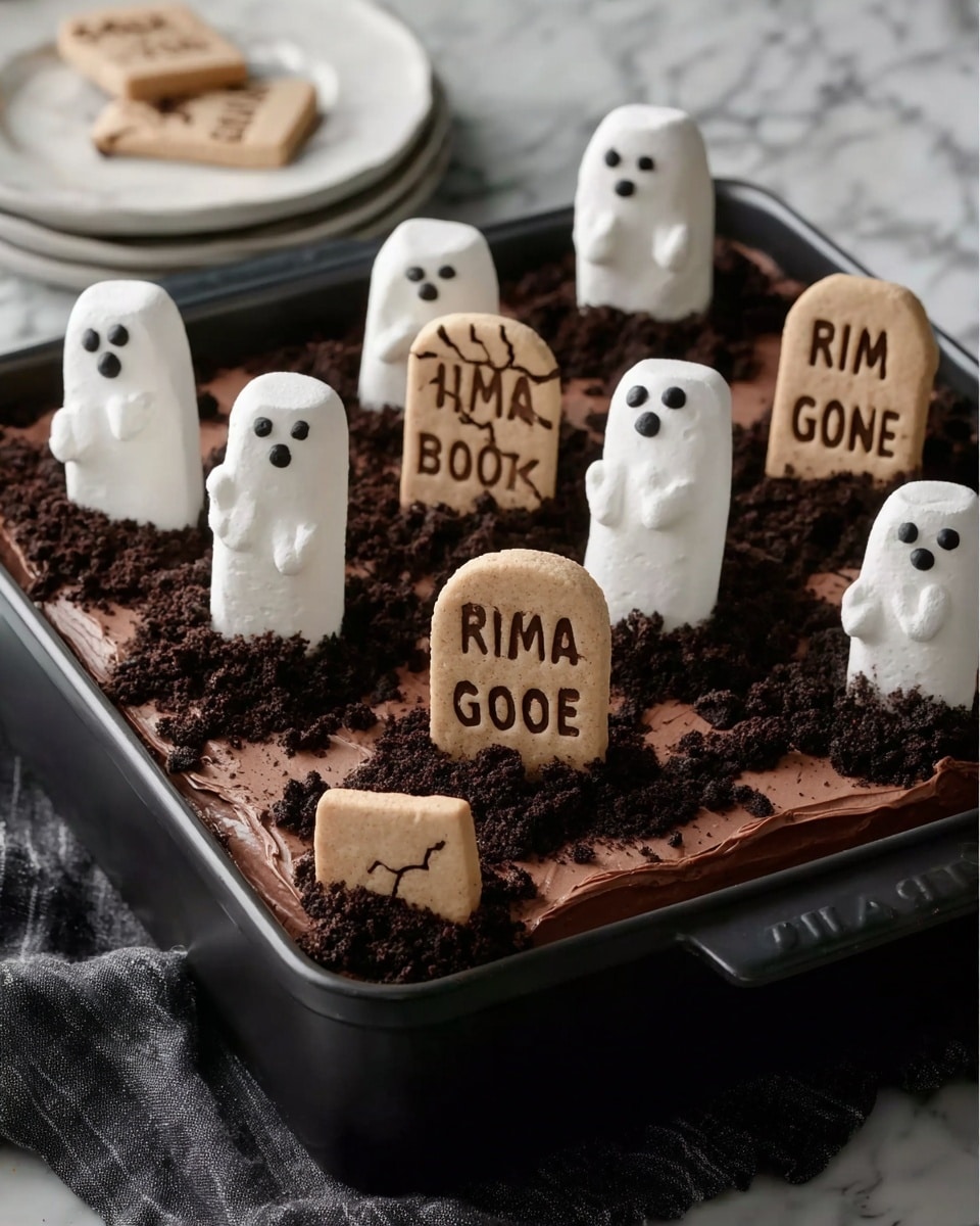 A rectangular chocolate cake in a black baking pan has a smooth, shiny dark brown frosting on top. There are six small mounds of dark crumbly texture resembling dirt placed evenly over the cake surface. Embedded in these mounds are light brown and white marshmallow shaped tombstones and ghosts. The tombstones have simple etched letters like