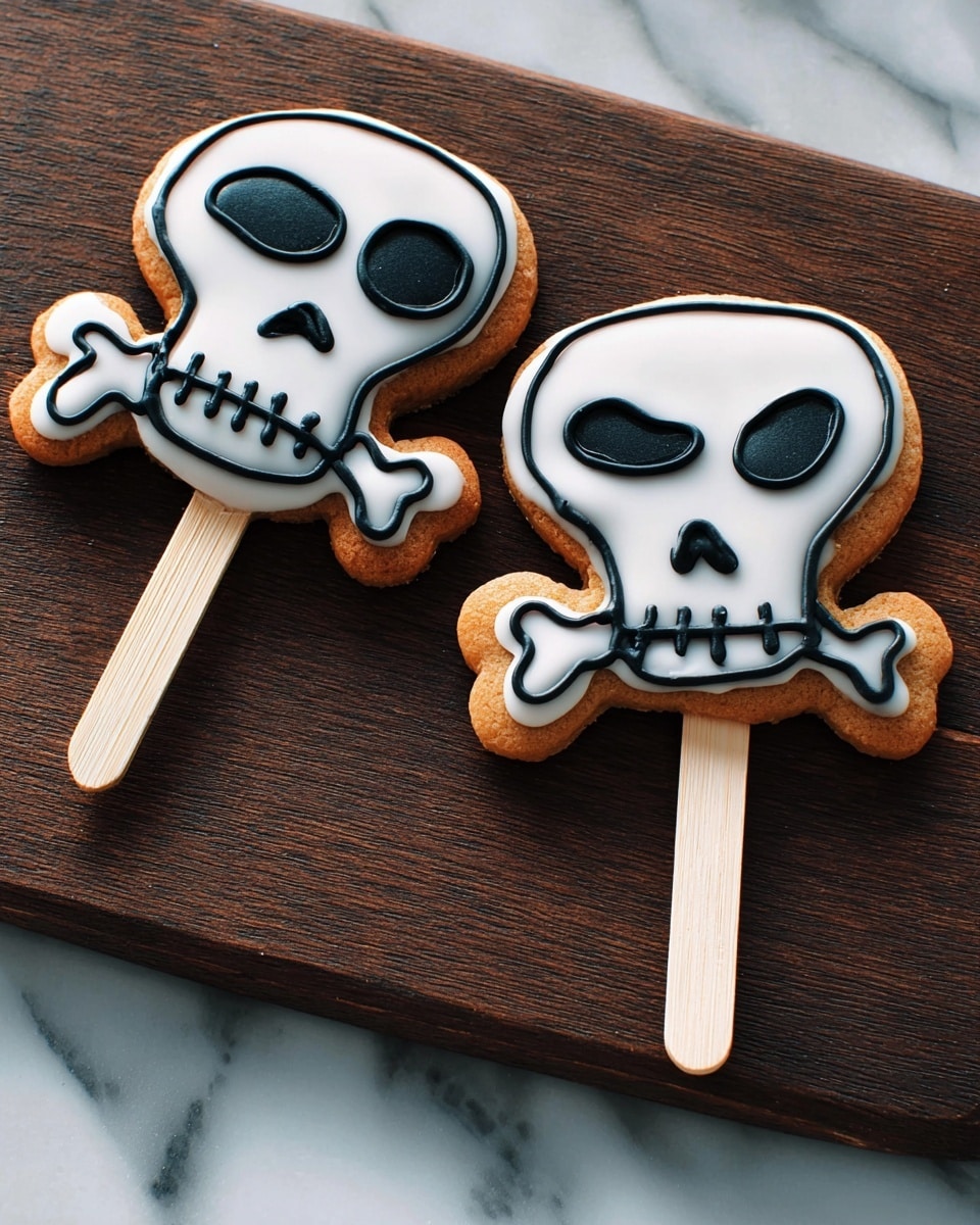 The image shows two cookies shaped like skulls with crossbones on sticks, lying on a dark wooden board. Each cookie has a light brown base, covered with a smooth white icing layer that covers the entire skull and crossbones shape. On top, black icing is used to draw the skull outlines, eye sockets, noses, and mouth shapes, giving each cookie a spooky face with unique expressions. The sticks are wooden and stick out from the bottom of the cookies. The background is a white marbled texture. photo taken with an iphone --ar 4:5 --v 7