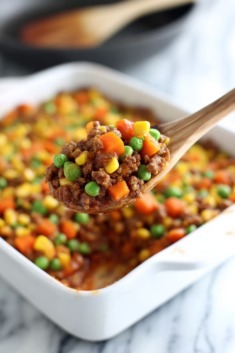 A wooden spoon holds a scoop of a cooked dish showing three main layers: a top layer of bright green peas and orange carrot cubes mixed with yellow corn kernels, a middle layer of cooked ground beef with a slightly browned and soft texture, and a bottom layer of a thick brownish sauce with bits of diced tomatoes. The dish is inside a white rectangular ceramic baking dish set on a white marbled surface. In the background, a black pan with a wooden spoon rests blurred out. Photo taken with an iphone --ar 2:3 --v 7 - Creepy Shepherd’s Pie, Ghost Shepherd’s Pie, Halloween Shepherd’s Pie, spooky shepherd’s pie, ghost potatoes recipe